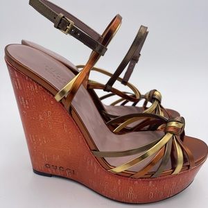 Gucci Gold and Brown Wedge Sandals